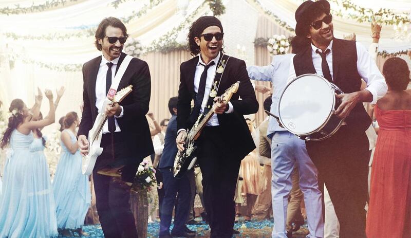 From left: Arjun Rampal, Farhan Akhtar and Purab Kohli in Rock On 2. Courtesy Excel Productions