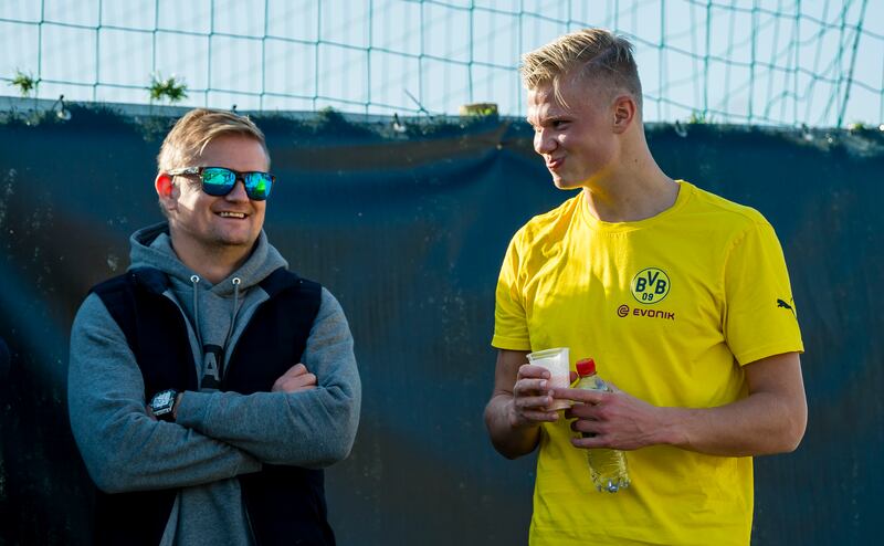 Erling Haaland with his father Alf-Inge Haaland, a former Leeds United player, on January 10, 2020. Getty