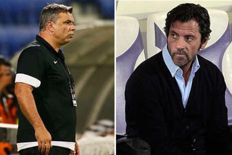Cosmin Olaroiu, left, will have to watch from the stands as his Al Ahli side square off with Quique Sanchez Flores' Al Ain club on Sunday. Antonie Robertson and Jeffrey E Biteng / The National