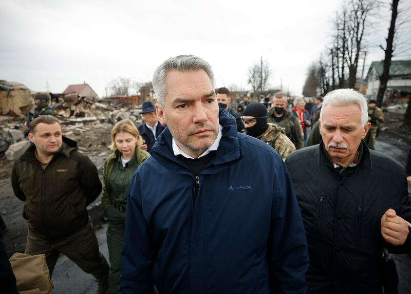 Austrian Chancellor Karl Nehammer during a visit to Bucha, near Kyiv, in Ukraine on April 9.  EPA / Austrian Chancellery