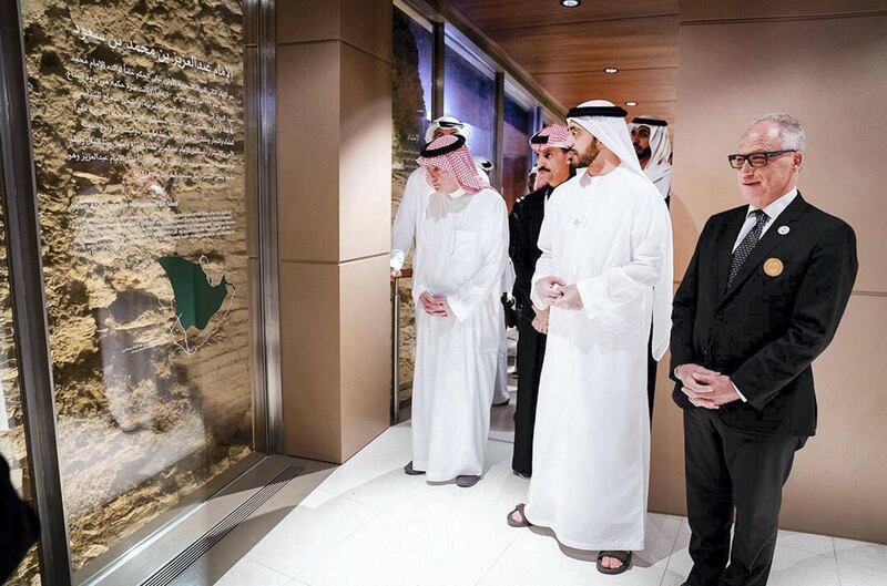 Abdullah bin Zayed and Adel bin Ahmed Al Jubeir during a tour at the events accompanying the Formula E in Ad Diriyah, Saudi Arabia. Courtesy MOFAIC