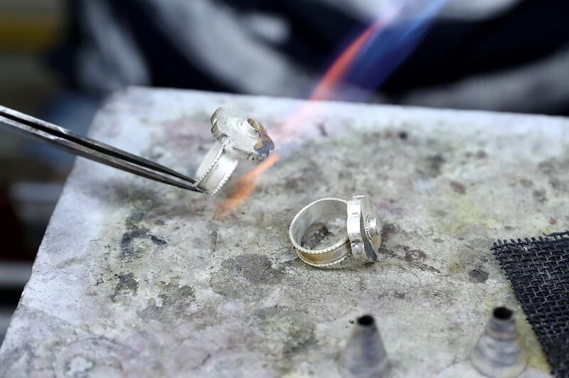 SHARJAH , UNITED ARAB EMIRATES , OCT 24   – 2017 :- Surenderan K from Kerala , India making silver jewellery at the Al Baroon silver shop in the Al Mareija area near the Heritage area in Sharjah. He is working in this shop for the last 15 years. (Pawan Singh / The National) For Weekend