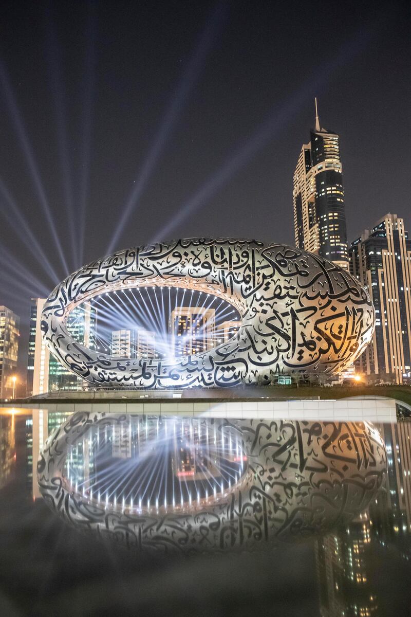 DUBAI UNITED ARAB EMIRATES. 01 DECEMBER 2020. Test of the light show to celebrate the 49th UAE National Day celebrations projected on the Museum of The Future. (Photo: Antonie Robertson/The National) Journalist: None. Section: National.
