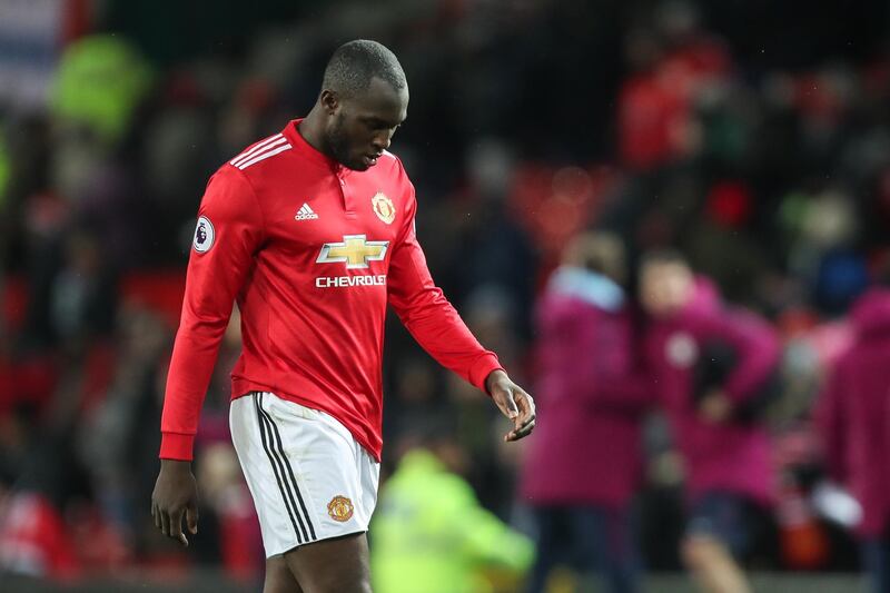 MANCHESTER, ENGLAND - DECEMBER 10: Romelu Lukaku of Manchester United reacts at full time during the Premier League match between Manchester United and Manchester City at Old Trafford on December 10, 2017 in Manchester, England. (Photo by Robbie Jay Barratt - AMA/Getty Images)