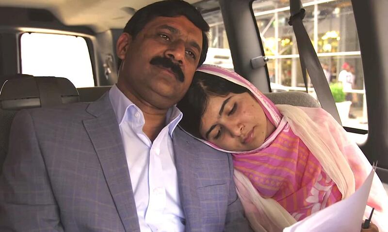 Activist Malala with her father in a scene from the Image Nation film He Named Me Malala. Students attending the Arab Film Studio Young Filmmakers programme will be schooled in filmmaking by Image Nation professionals. Courtesy Imagenation 
