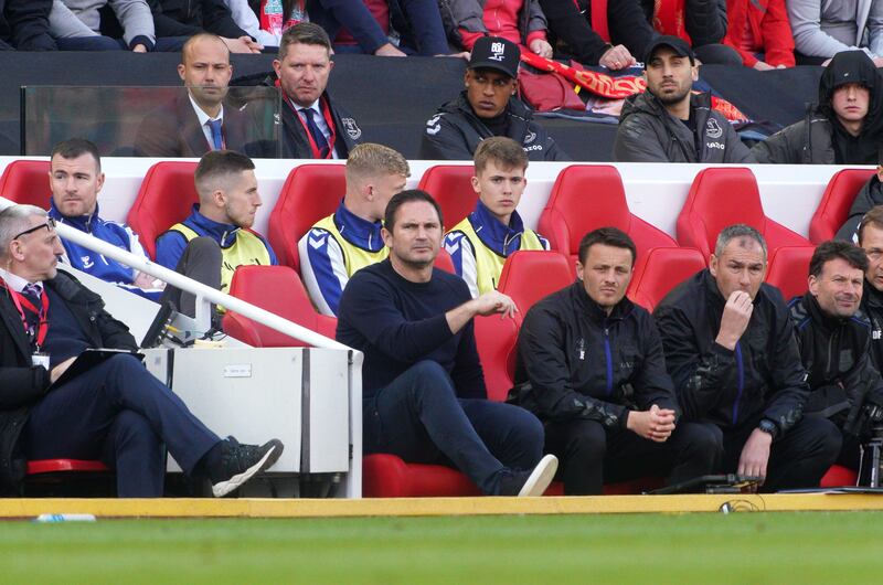 Everton manager Frank Lampard on the bench during the Premier League match at Anfield. PA