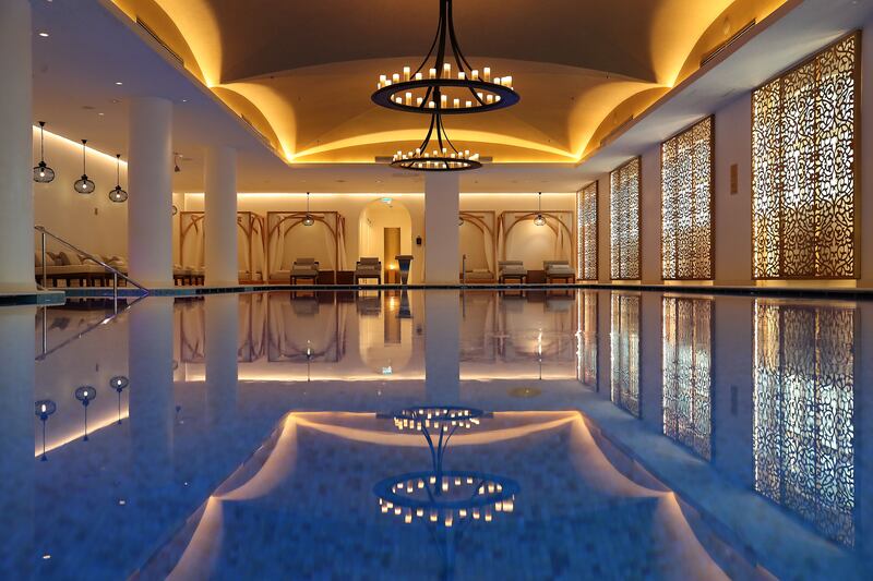 The indoor swimming pool at Raffles The Palm Dubai is one of the largest in Dubai