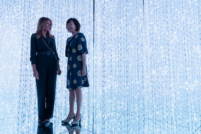 TOKYO, JAPAN - MAY 26: Japan's Prime Minister Shinzo Abe's wife Akie Abe (R) and U.S. first Lady Melania Trump (L) visit the MORI Building DIGITAL ART MUSEUM  on May 26, 2019 in Tokyo, Japan. (Photo by Pierre Emmanuel Deletree - Pool/Getty Images)