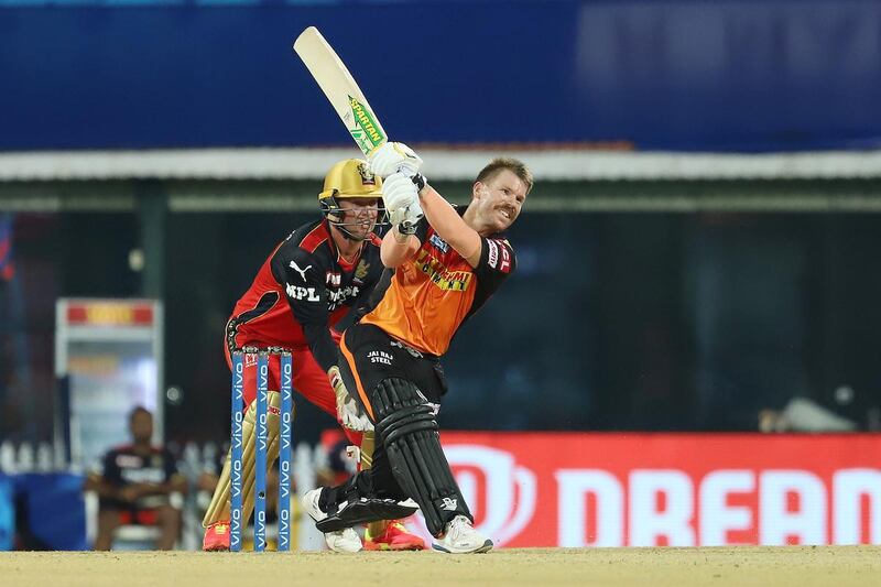 David Warner Captain of Sunrisers Hyderabad plays a shot during match 6 of the Vivo Indian Premier League 2021 between the Sunrisers Hyderabad and the Royal Challengers Bangalore held at the M. A. Chidambaram Stadium, Chennai on the 14th April 2021.

Photo by Faheem Hussain / Sportzpics for IPL