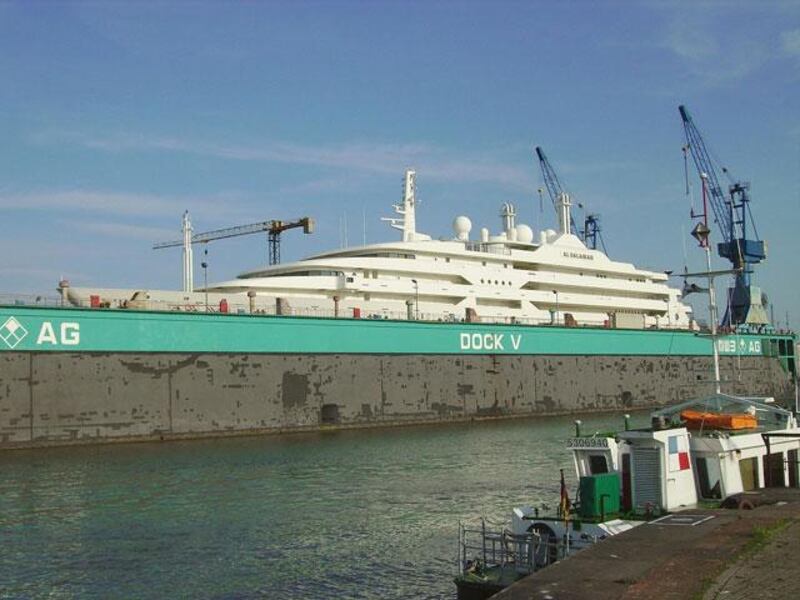 The 139.30-metre yacht Al Salamah in the floating dock of MWB. This image (or other media file) is in the public domain because its copyright has expired.). Source Wikimedia Commons.