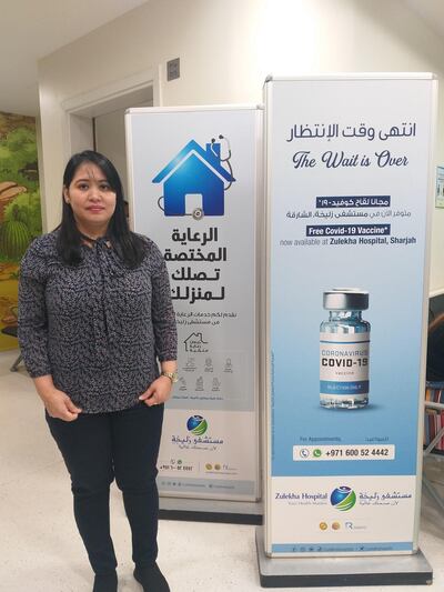 Dinah Argonza, 39, from the Philippines was one of the first to receive the Sinopharm vaccination at Zulekha Hospital in Sharjah. Courtesy: Zulekha Hospital 