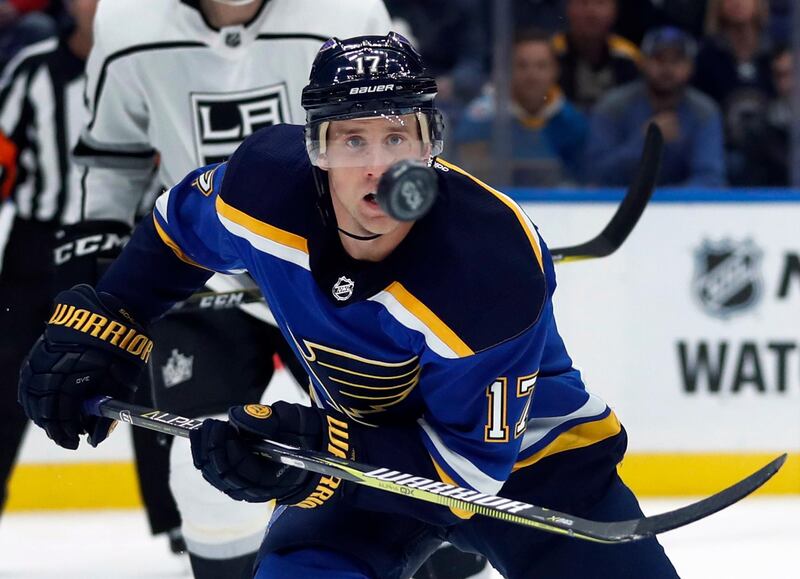St. Louis Blues' Jaden Schwartz keeps his eye on the puck during the second period of an NHL hockey game against the Los Angeles Kings, in St. Louis. Jeff Roberson / AP Photo