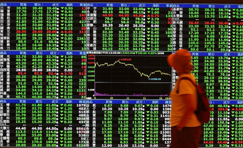 A woman walks past a screen showing information and the index of the Taipei Stock Exchange on July 24, 2020.   / AFP / Sam Yeh
