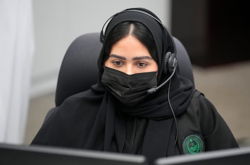 Saudi policewoman Samah Mohammed receives a call at the Saudi National Centre for Security Operations ahead of Hajj. AP