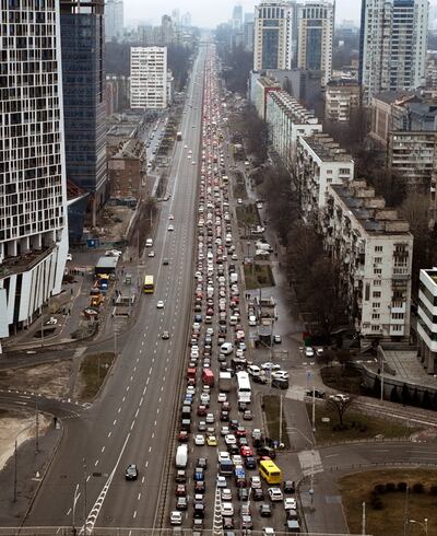 Cars in a traffic jam as people try to leave Kiev following the Russian invasion. AP 