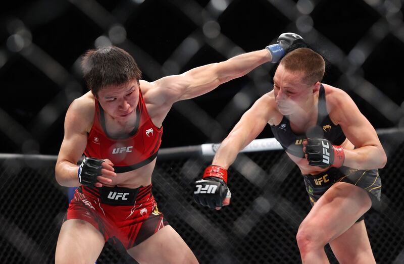 Rose Namajunas competes against Zhang Weili. Reuters