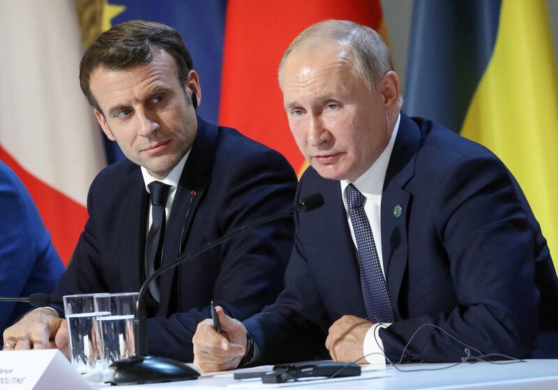 French President Emmanuel Macron and Russian President Vladimir Putin after a summit on Ukraine at the Elysee Palace in Paris, in December 2019. Reuters