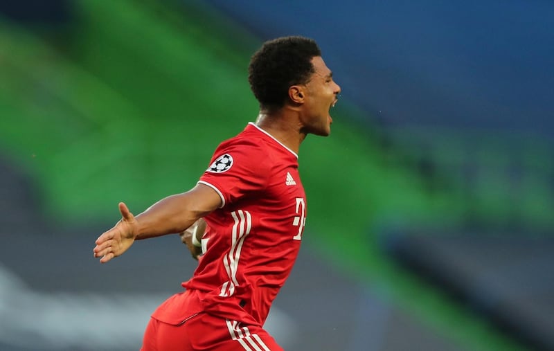 Bayern's Serge Gnabry celebrates after scoring the opening goal of the Champions League semifinal against Lyon at the Jose Alvalade stadium in Lisbon, Portugal. AP