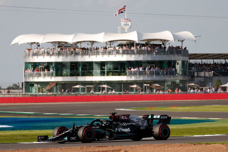 Mercedes' driver Lewis Hamilton at Luffield Corner during practice for the Formula One British Grand Prix at the Silverstone on Friday, July 16.