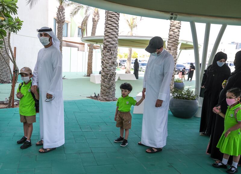 Pupils from Al Mamoura Academy in Abu Dhabi on their first day of classes after the summer break. Victor Besa / The National