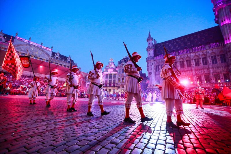 Performers in medieval costumes take part in the procession of 'Ommegang', at the Grand Place in Brussels, Belgium.  EPA