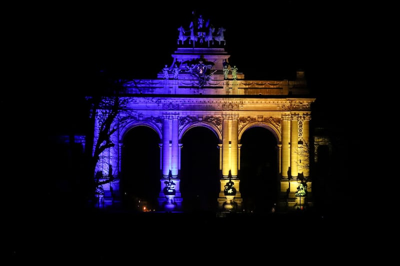 The Cinquantenaire Arch lit up on the sidelines of a special meeting of the European Council to discuss the Ukrainian crisis, in Brussels. Bloomberg