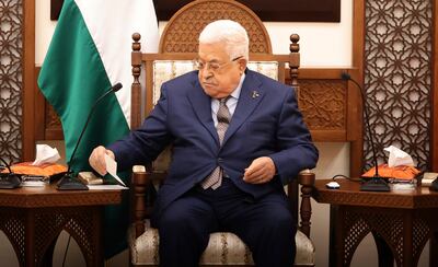 Palestinian President Mahmoud Abbas during his meeting with Spain's Prime Minister Pedro Sanchez and Belgium's Prime Minister Alexander De Croo in the West Bank city of Ramallah.  AP
