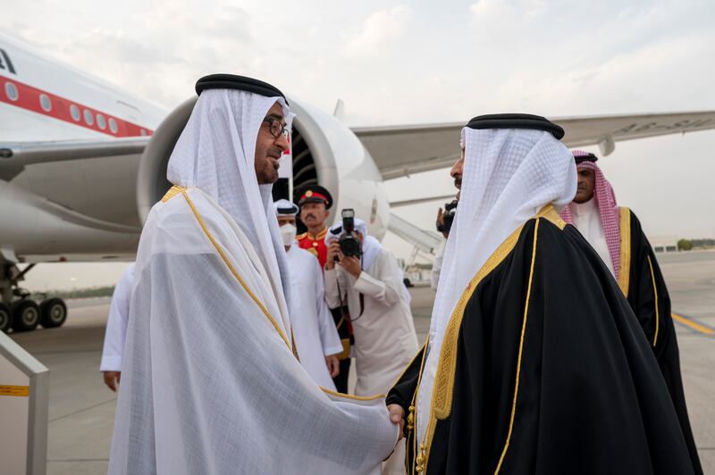 Sheikh Mohamed bin Zayed is received by King Hamad at Sakhir Air Base. Photo: Mohamed Al Hammadi / Ministry of Presidential Affairs