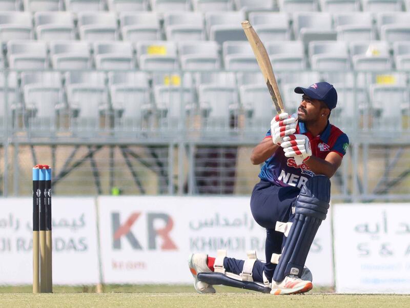 Bibek yadav of Nepal plays a shot.