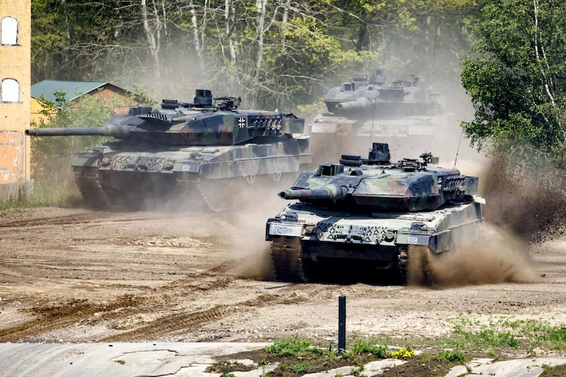 MUNSTER, GERMANY - MAY 20: A Leopard Tank of the Bundeswehr Panzerlehrbrigade 9 (9th Armoured Demonstration Brigade) during a presentation of capabilities by the unit on May 20, 2019 in Munster, Germany. The brigade is the core of the Very High Readiness Joint Task Force (VJTF), which is a NATO rapid reaction force composed of soldiers from a variety of NATO nations. The German government recently announced it will increase defense spending by EUR 5 billion, the biggest rise since the end of the Cold War. (Photo by Morris MacMatzen/Getty Images)