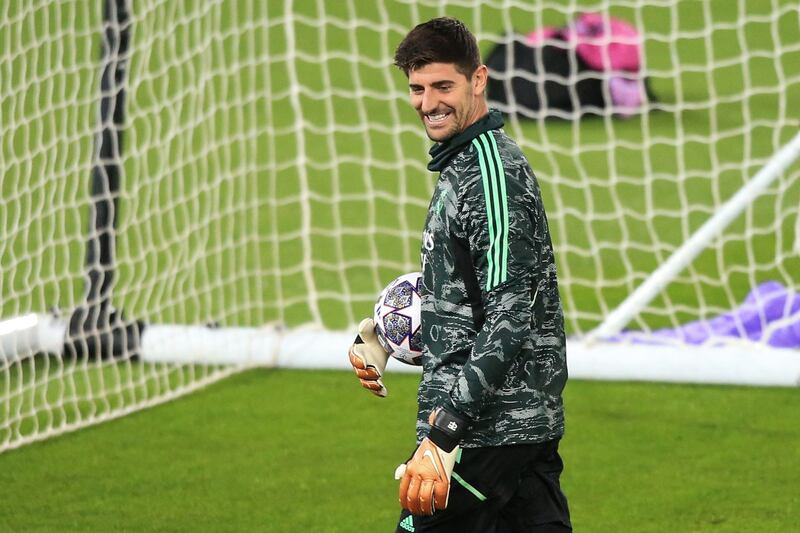 Real Madrid's Belgian goalkeeper Thibaut Courtois attends a team training session at Anfield. AFP