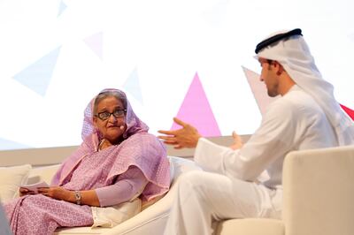 Sheikh Hasina, Prime Minister of Bangladesh speaks on Redefining the Future for Women on International women's day. Expo 2020, Dubai. Chris Whiteoak / The National
