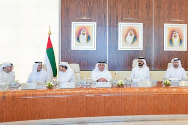 From left to right: Dr Anwar Gargash, Minister of State for Foreign Affairs; Sheikh Nahyan bin Mubarak, Minister of Tolerance; Sheikh Mansour bin Zayed, Deputy Prime Minister and Minister of Presidential Affairs; Sheikh Saif bin Zayed, Deputy Prime Minister and Minister of Interior; Sheikh Mohammed bin Rashid, Vice President and Ruler of Dubai; Mohammed Al Gergawi, Minister of Cabinet Affairs and The Future; Sheikh Hamdan bin Rashid, Minister of Finance. Courtesy Wam