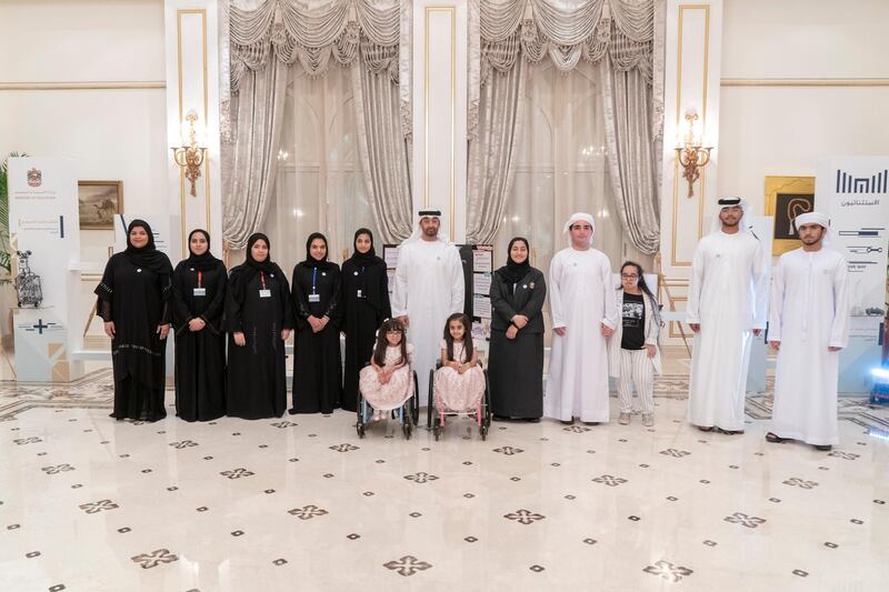 ABU DHABI, UNITED ARAB EMIRATES - October 23, 2018: HH Sheikh Mohamed bin Zayed Al Nahyan Crown Prince of Abu Dhabi Deputy Supreme Commander of the UAE Armed Forces (6th L), stands for a photograph with the winners of The National Science, Technology and Innovation Festival, during a Sea Palace barza. 

(Rashed Al Mansoori / Crown Prince Court - Abu Dhabi )
---