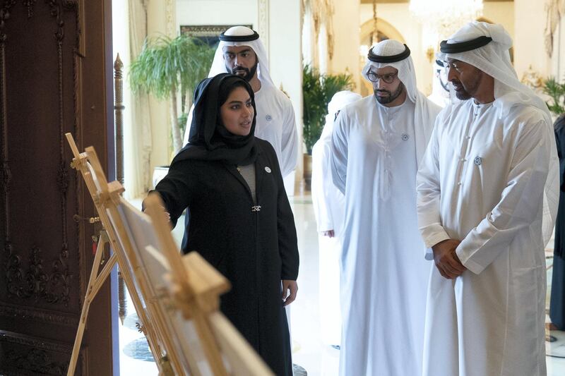 ABU DHABI, UNITED ARAB EMIRATES - October 29, 2018: HH Sheikh Mohamed bin Zayed Al Nahyan Crown Prince of Abu Dhabi Deputy Supreme Commander of the UAE Armed Forces (R), views designs of the new Al Ain Museum, during a Sea Palace barza. Seen with HE Mohamed Khalifa Al Mubarak, Chairman of the Department of Culture and Tourism and Abu Dhabi Executive Council Member (2nd R). 

(  / Crown Prince Court - Abu Dhabi )
---