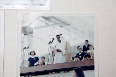 Abu Dhabi, United Arab Emirates, April 28, 2014:     Images in a scrapbook from the 1970 World Expo, in Japan 
the photo shows President Sheikh Khalifa who was representing the UAE at the event. 
 Christopher Pike / The National

Reporter:  N/A
Section: News