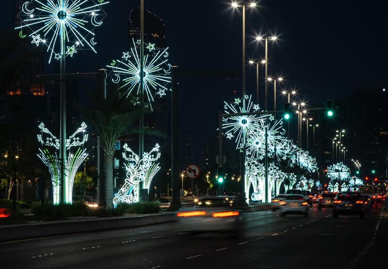 Abu Dhabi, United Arab Emirates, April 5, 2021.   Ramadan lights along the Corniche.
Victor Besa/The National
Section:  NA
For:  Stand alone/Stock