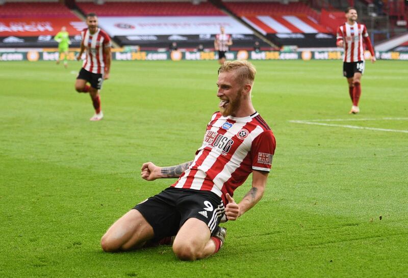 Sheffield United's Oliver McBurnie celebrates scoring his team's third goal. Reuters