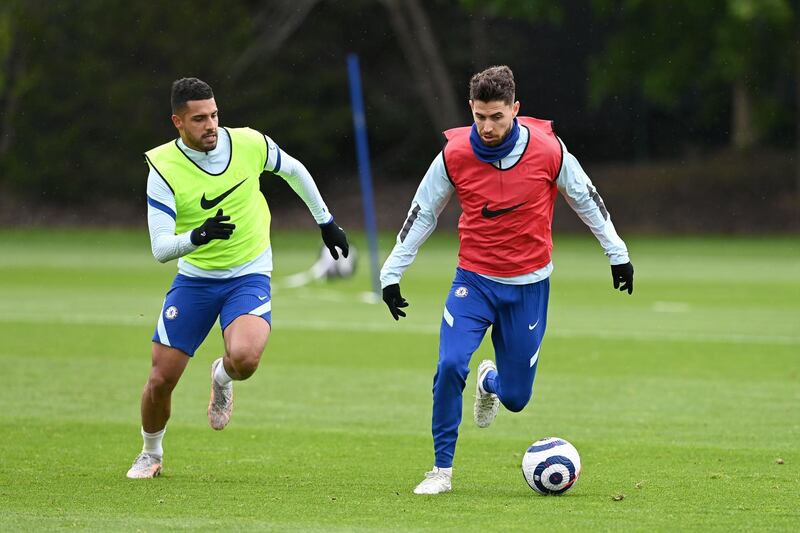 COBHAM, ENGLAND - MAY 21:  Emerson and Jorginho of Chelsea during a training session at Chelsea Training Ground on May 21, 2021 in Cobham, England. (Photo by Darren Walsh/Chelsea FC via Getty Images)