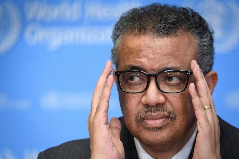 (FILES) In this file photo taken on March 11, 2020 shows World Health Organization (WHO) Director-General Tedros Adhanom Ghebreyesus attending a press briefing on COVID-19 at the WHO headquarters in Geneva.  The World Health Organization chief said late November 1, 2020, that he was self-quarantining after someone he had been in contact with tested positive for Covid-19, but stressed he had no symptoms. / AFP / Fabrice COFFRINI
