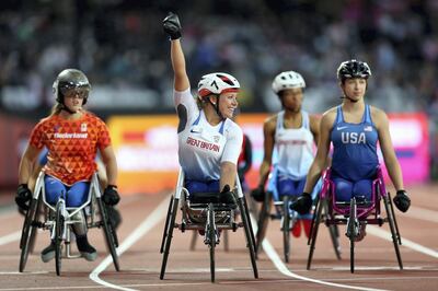 LONDON, ENGLAND - JULY 14:  Hannah Cockcroft of Great Britain celebrates after setting a new world record in the Women's 100m T34 final during the IPC World ParaAthletics Championships 2017 at London Stadium on July 14, 2017 in London, England.  (Photo by S Bardens - British Athletics/British Athletics via Getty Images)