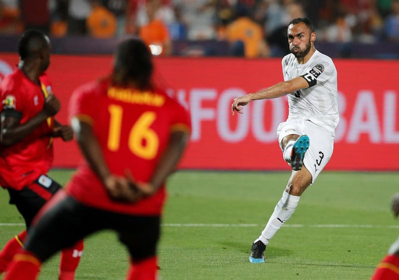 Egypt's Ahmed El Mohamady scores their second goal against Uganda, his second goal in as many games at 2019 Afcon. Reuters