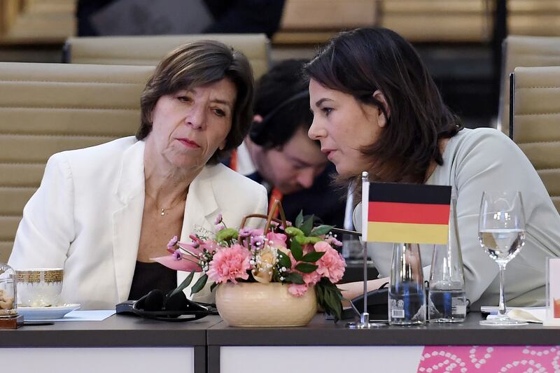 French Foreign and European Affairs Minister Catherine Colonna, left, talks with German Foreign Minister Annalena Baerbock. AP