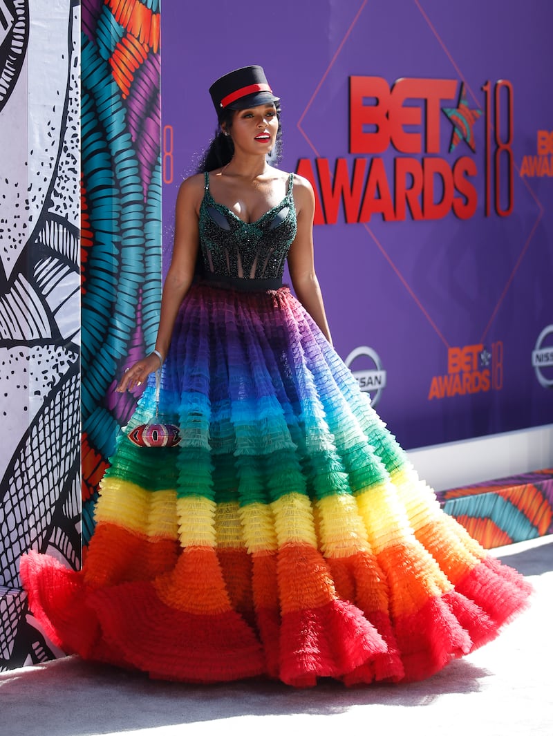 Janelle Monae, wearing a rainbow Nicolas Jebran gown, attends the 2018 BET Awards on June 24, 2018. Reuters 