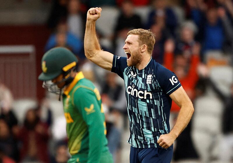 England's David Willey after taking the wicket of South Africa's Quinton de Kock. Reuters