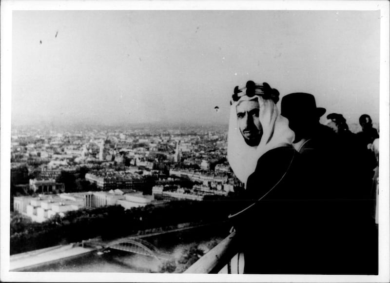 Sheikh Zayed on the Eiffel Tower in 1951. Courtesy Victor Hashem Family Collection