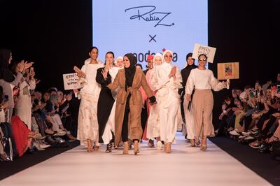 Dubai designer Rabia Z, centre, with the models for her eco-friendly collection for Modanisa. Photo: Rooful Ali 