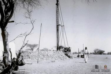 Drilling for water in Al Ain, then known as Buraimi, in 1958. The area was source of clean water from the nearby mountains, and also ran along ancient channels known as al falaj. Courtesy National Archives