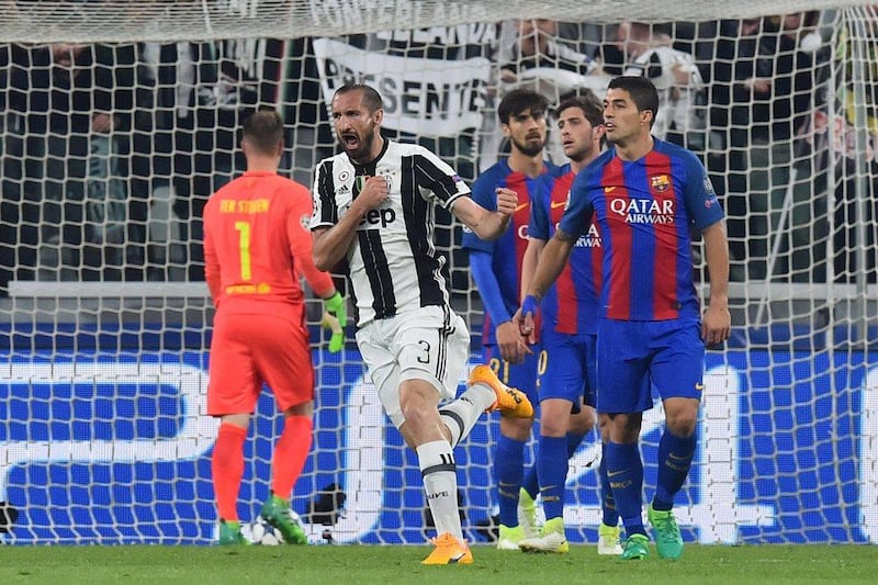 Girgio Chiellini scored the third goal in Juventus' 3-0 win against Barcelona in the Uefa Champions League quarter-final first leg on Wednesday. Giuseppe Cacae / AFP