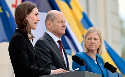 Finnish Prime Minister Sanna Marin, German Chancellor Olaf Scholz and Swedish Prime Minister Magdalena Andersson during a summit in Germany earlier this month discussing Nato membership. Getty Images